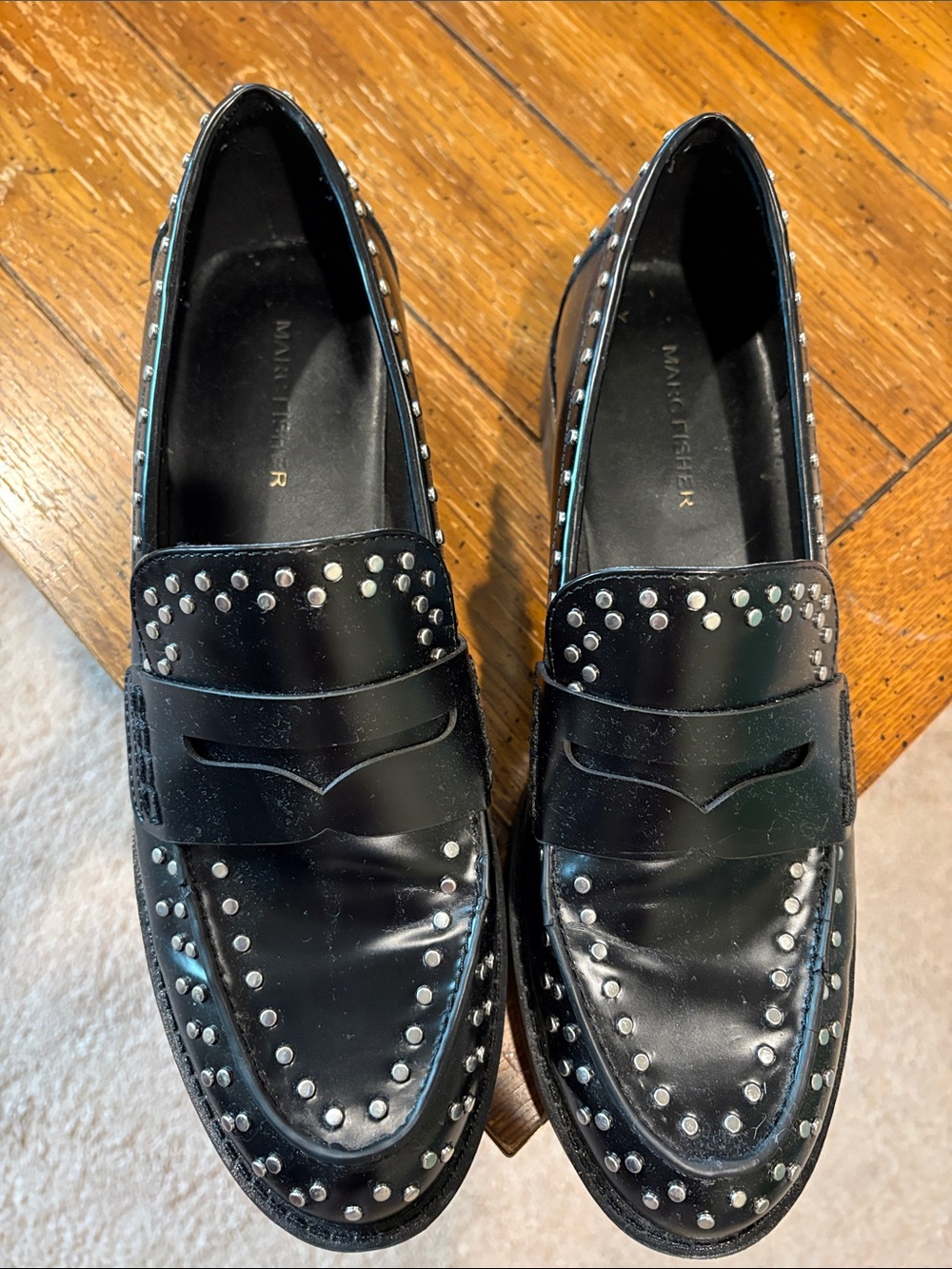 Marc Fisher Black Studded Leather Penny Loafers